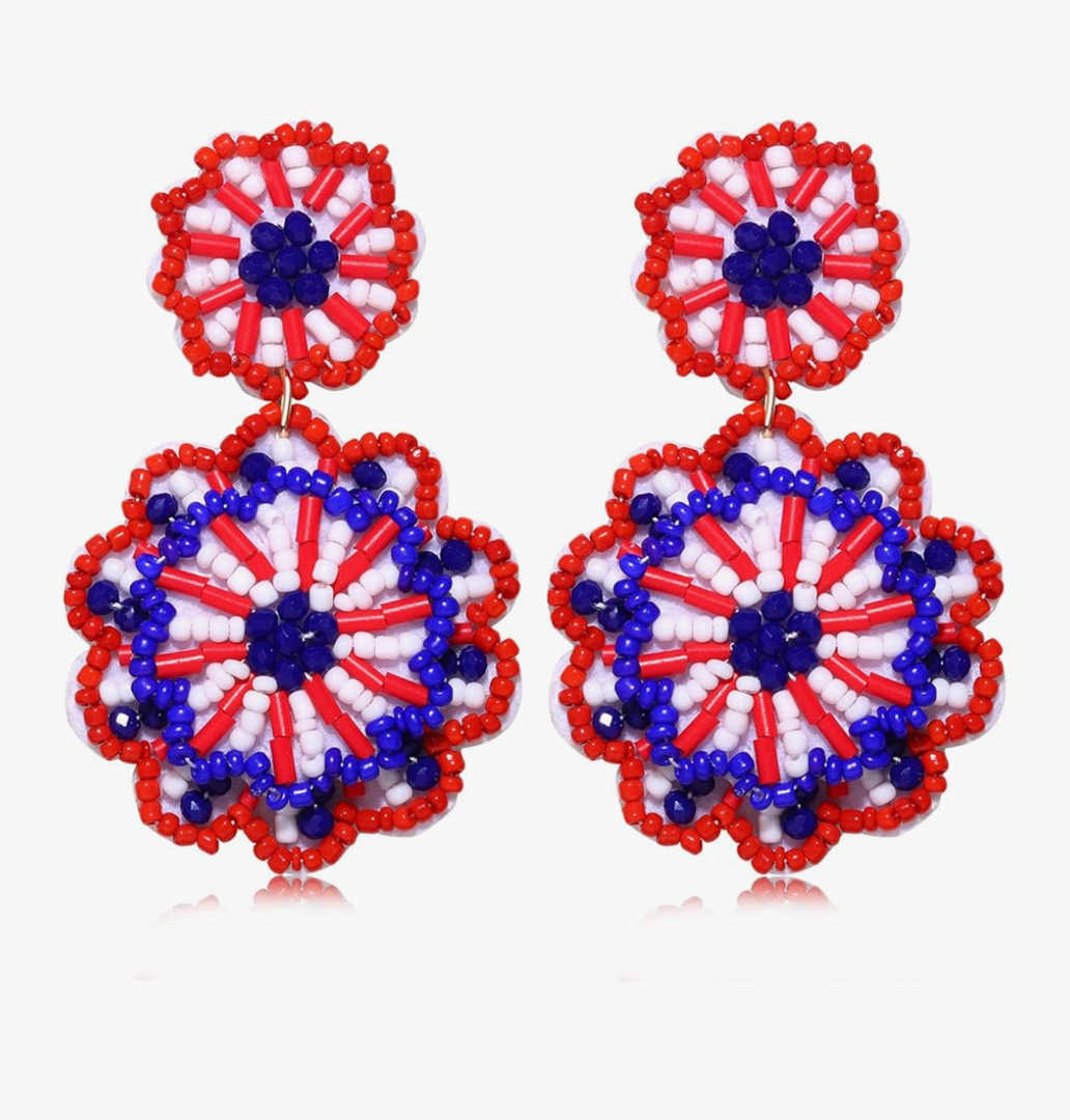 Statement Beaded Drop Earrings for Women Layered Bead Dangle Earrings, Red Blue White