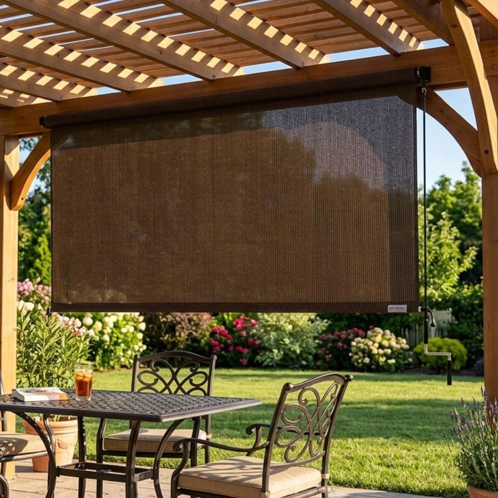 MEOOEM Outdoor Roller Shade 8'W x 6'H, Cordless Patio Shades Roll Up Blinds, 95% UV Block Privacy Sun Shade 8ft x 6ft for Pergola Gazebo Porch Deck, Mocha