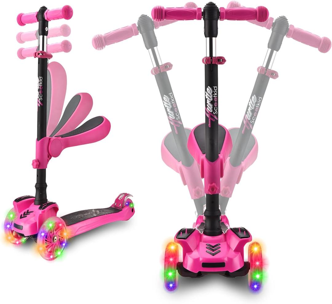Hurtle 3-Wheeled Scooter for Kids - Wheel LED Lights, Adjustable Lean-to-Steer Handlebar, and Foldable Seat - Sit or Stand Ride with Brake for Boys and Girls Ages 1-14 Years Old (Watermelon)