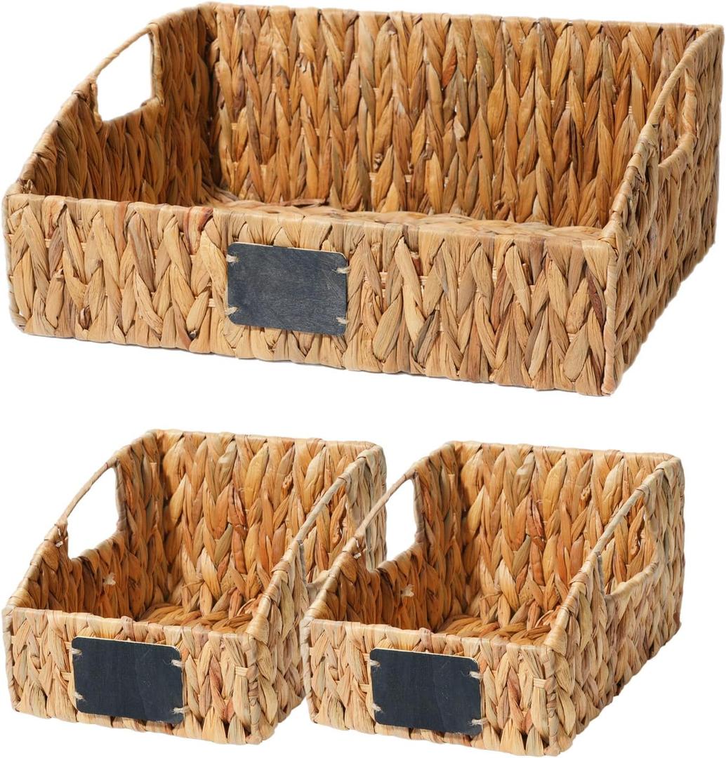 Water Hyacinth Pantry Organizer Baskets, Set of 3 Woven Wicker Storage Bins with Built-In Handles & Chalkboard Label, Natural Shelf Basket for Kitchen Cabinets, Bathroom, Laundry
