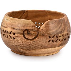 SAMHITA Acacia Wood Yarn Bowl Holder |Hand Carved Yarn Bowls for DIY Knitting Crocheting Accessories (7" x 7" x 4")