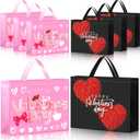 Sweetude 6 Pcs Extra Large Valentine's Day Gift Bags Bulk 16" x 13" Reusable Pink Gift Bags for Flower Candy Red Heart Wrapping Pink Black Tote Bag with Handles Non Woven Bag for Valentines Day Gifts