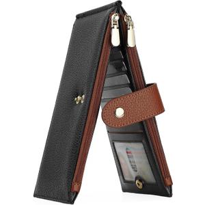 GOIACII Slim Wallets for Women RFID Blocking Card Holder 2 Zipper Pockets Thin Ladies Clutch Purse Black Brown