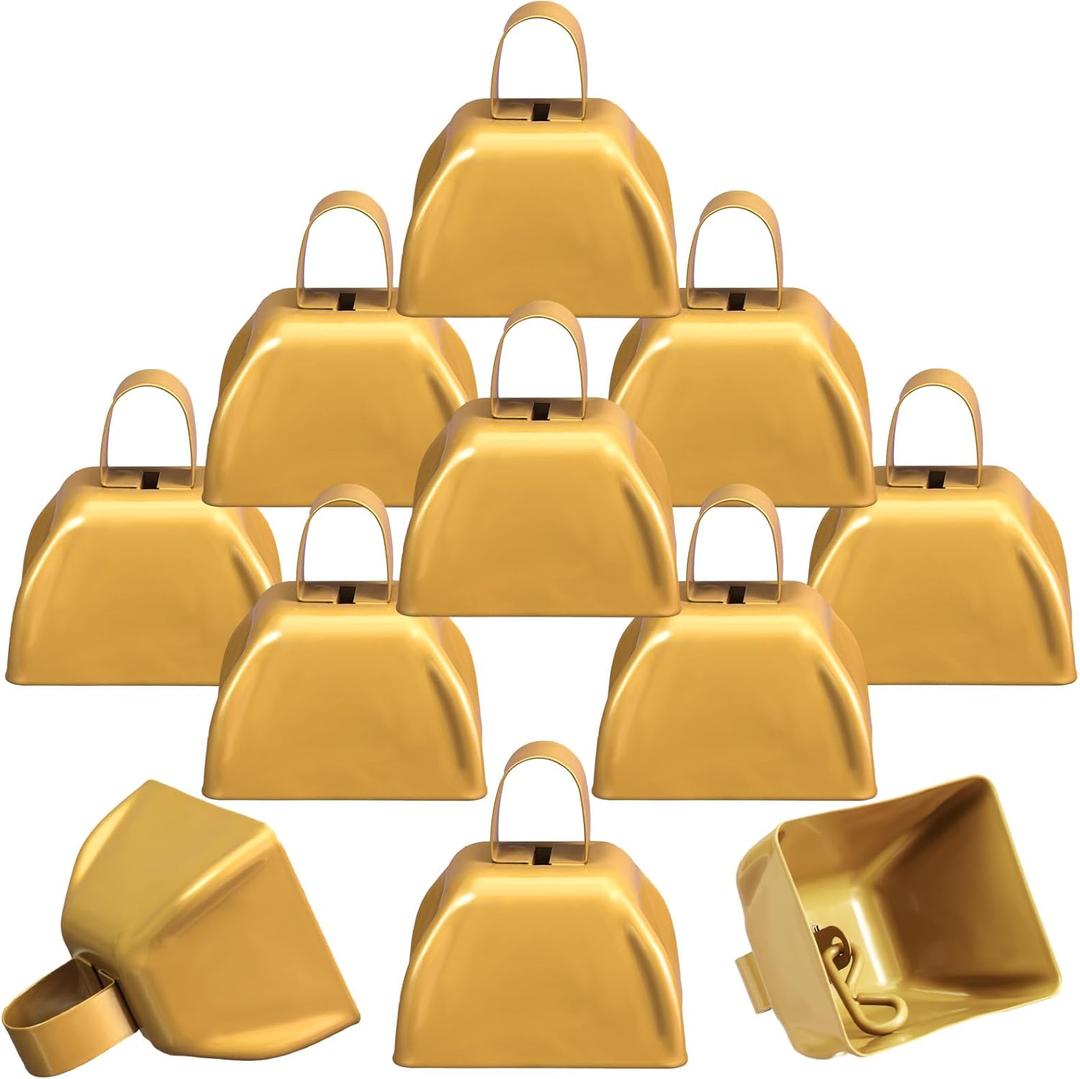 Therwen 12 Pack Metal Cow Bells Noise Makers with Handle 3 Inch Hand Percussion Cowbells Bulk Loud Call Bell for Sporting Events Cheering Football Games Team Spirit Weddings Party Noisemakers (Yellow)