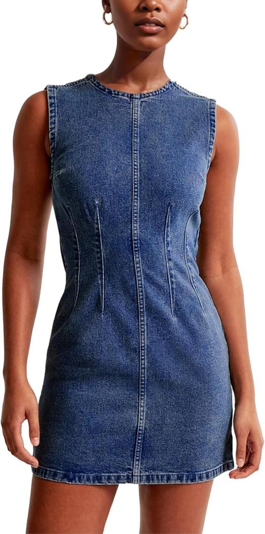 Daacee Women's Sleeveless Bodycon Denim Mini Dress Sleeveless Waist Tucks Zipper Short Tank Jean Dresses Concert Outfits (Blue, M)
