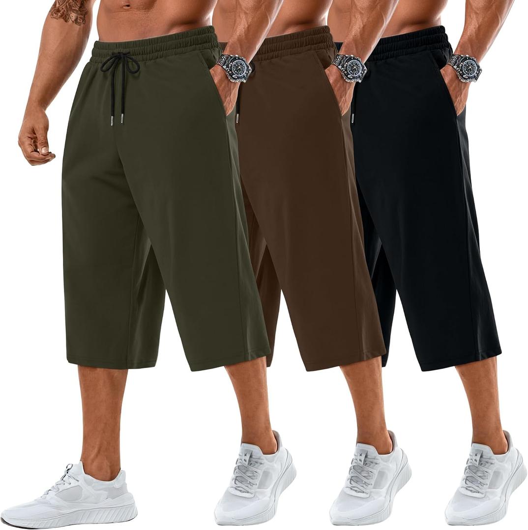 Neer 3 Pack Men's Baggy Capri Pants Plus Size Below Knee Casual 3/4 Shorts Big and Tall Summer Drawstring Pants with Pockets, Medium (Black, Brown, Army Green)