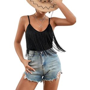 Ella Lust Cowgirl Fringe Bodysuit for Women - Western Country Concert Outfits Boho Tassel Jumpsuit Rave Festival Tops Romper (X-Large, Black)