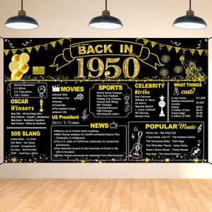 DARUNAXY 75th Birthday Black Gold Party Decoration, Back in 1950 Banner 75 Year Old Birthday Party Poster Supplies Vintage 1950 Backdrop Photography Background for Men & Women 75th Class Reunion Decor