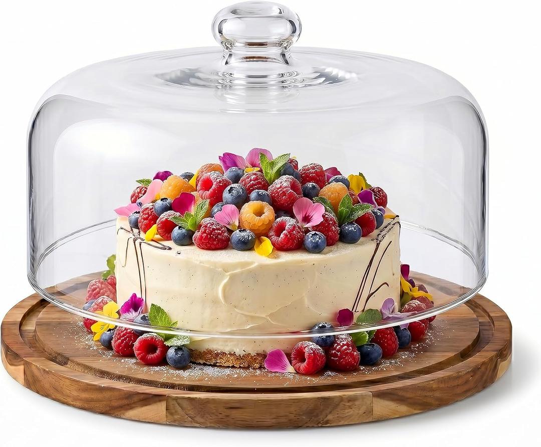 Clear Wooden Glass Dessert Dome with Base, Round Cake Stand Cover, Pastry Display Cloche for Food, Cake Plate with Cover for Baking Gifts Birthday Kitchen Party Weddings (11.4 inch)