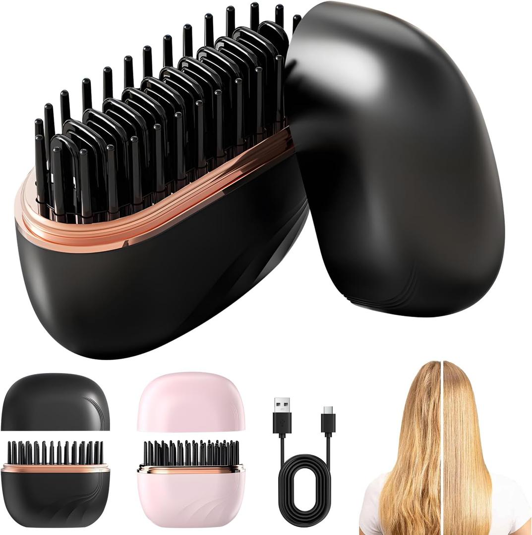 Mini Hair Straightener, Cordless&Rechargeable Portable Hair Straightener Brush with 3 Temperature Setting, Fast Heating Hot Comb&Anti-Scald Shell Plates,Mini Straightener Brush for Home Travel Gift (Black)