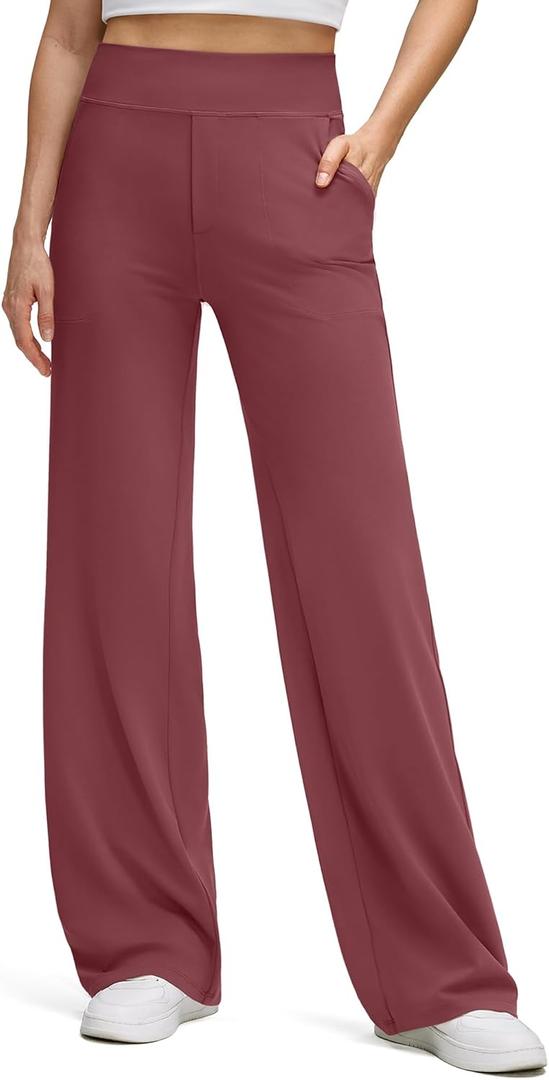 G4Free BareFeel High Stretch Wide Leg Pants for Women Soft Comfy Casual Yoga Pants with Pockets Petite/Regular/Tall (Medium, Wine)