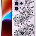 Compatible with Samsung Galaxy S23 Ultra Cases with Design, Cute Transparent Phone Case for Women Girls Girly with Heavy Duty Protective Bumper (Clear Black Henna Flower)