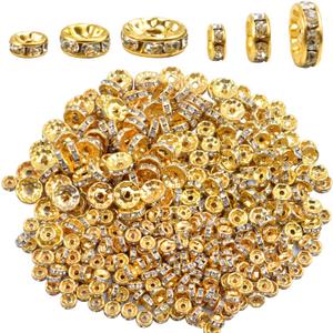 400 Pieces Round Crystal Spacer Beads Rondelle Charm Beads 6mm 8mm 10mm for jewelery Making, Gold Color