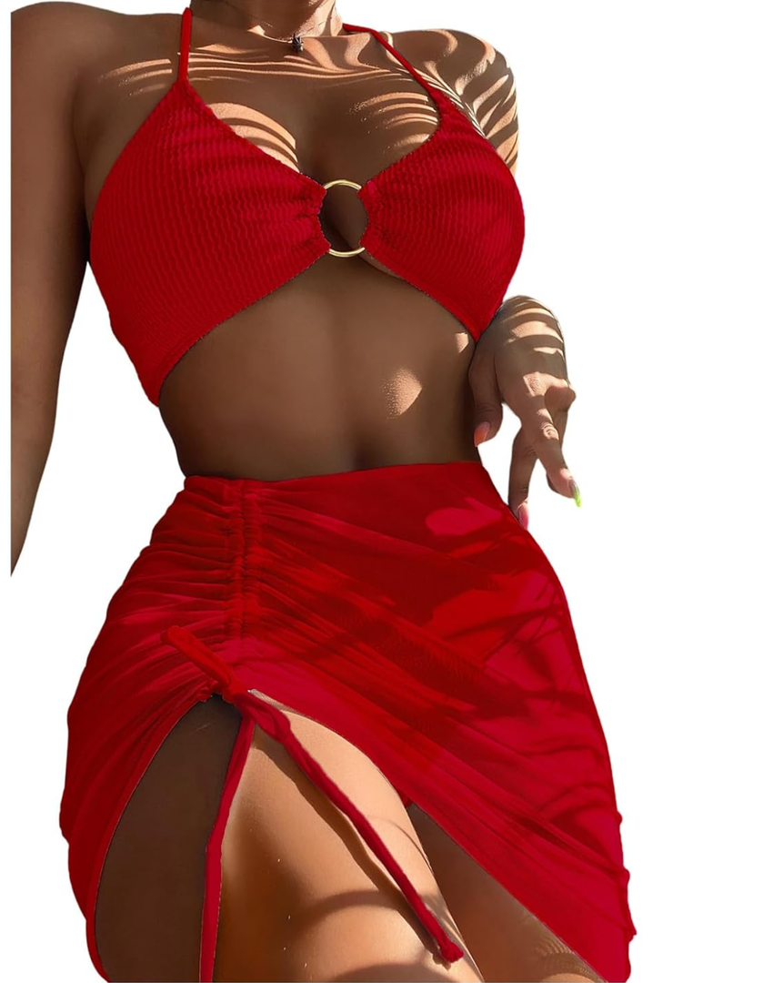 MakeMeChic Women's 3 Piece Bathing Suits Halter Ring Bikini Set with Cover Up Skirts, M