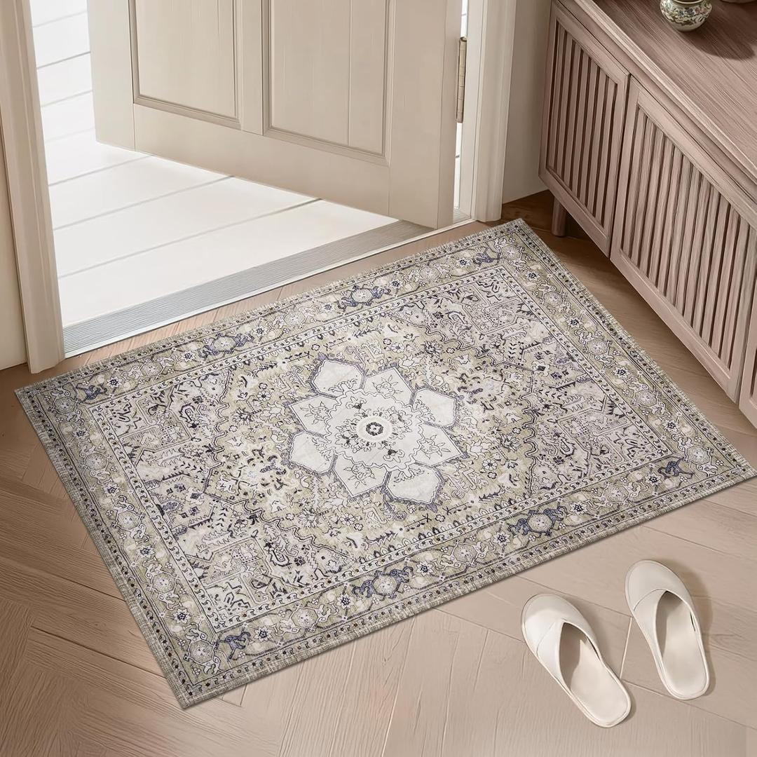PURRUGS Vintage Farmhouse Boho Throw Rug 2x3 ft, Non-Slip Machine Washable Rug, Accent Oriental Area Rug for Entryway, Kitchen, Bedroom, Living Room and Dining Room, Taupe/Vanilla