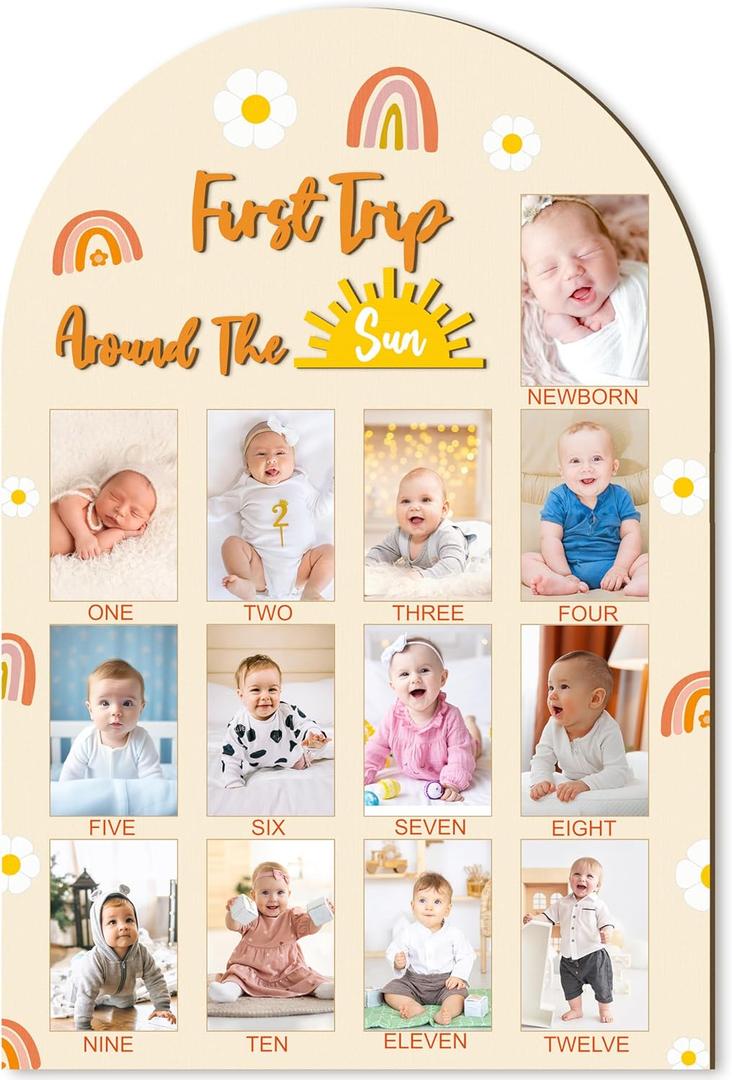 R HORSE My First Year Photo Frame Board, 3D Boho Sun Rainbow Display Wood Board, Babys 1st Year Picture Frame, 12 Months Milestone One Year Old Birthday Decoration, Baby Keepsake Gift for Boy Girl