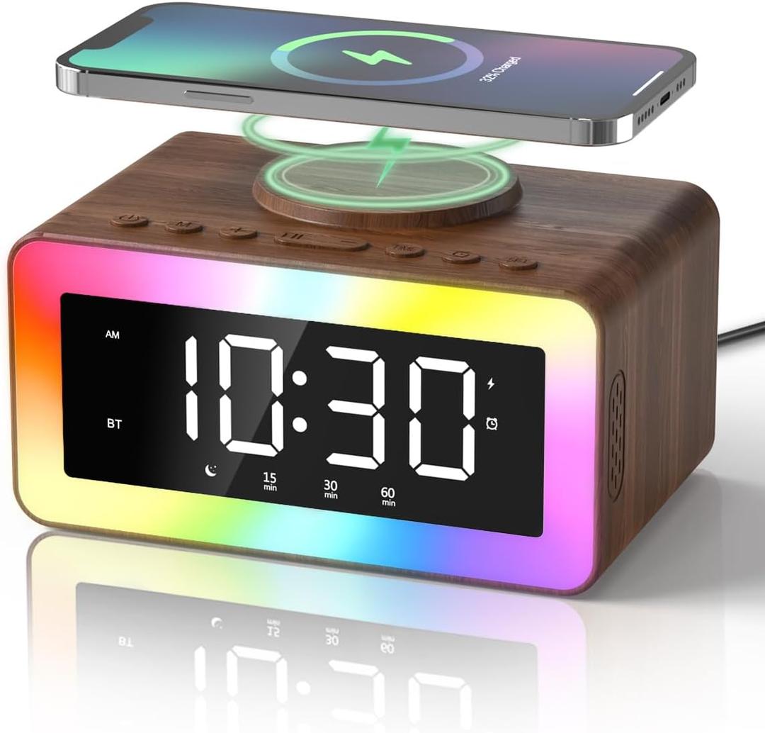 Alarm Clock with Wireless Charging, Bluetooth Speaker, White/Brown Noise Sound Machine Night Light, Wooden Digital Alarm Clocks for Bedrooms, Wireless Charger for iPhone, Birthday Gifts for Men Women