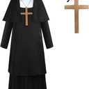 Women's Nun Costume, Nuns Black Dress Religious Outfit with Headpiece and Cross Necklace Church Halloween Christmas (Medium)