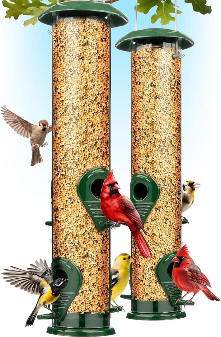 Bird Feeders for Outdoors (Metal, 2 Pack)  Chew-Proof Hanging Bird Feeder with 4 Ports, Rust-Proof Heavy Duty Tube Design, 15 Inches (Green)