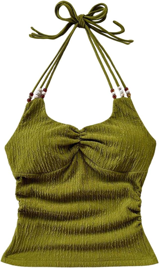 SOLY HUX Women's Halter Tops Summer Tie Backless Slim Fit Vacation Beach Camisole Boho Vest Shirts (Green, L)