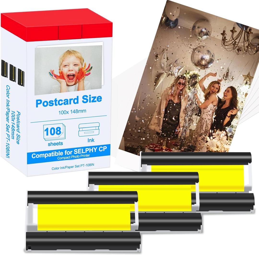 KP-108IN Color Ink and Paper Set Compatible for SELPHY CP1300 CP1500 CP1200 Wireless Compact Photo Printer (4 x 6 inch 108 Ink Paper Sheets + 3 Color Ink Cartridges)