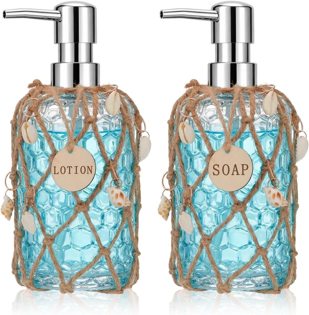 2 Set 16 oz Glass Soap Dispenser with Pump for Bathroom Decor Refillable Hand Soap Dispenser Includes Wooden Sign Beach Seashell Decor and Hemp Rope Protective Cover for Kitchen Home Office