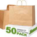 Jiomrzo 50 Pcs Large Brown Kraft Paper Bags with Handles (16x6x12 Inches) - Recycled Bulk Paper Bags for Small Business, Shopping, Gifts, Retail & Grocery