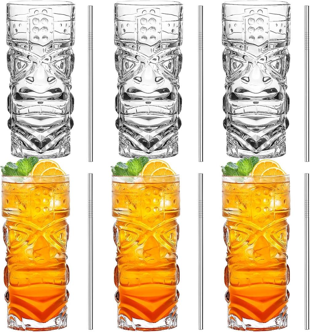 INFTYLE Clear Tiki Glasses Set of 6-14 oz Modern Bar Tiki Cocktail Glasses Perfect for Exotic Cocktails,Mai Tai, Hawaiian Style Cocktails, Tropical Island Drinksware Set