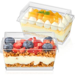 TOFLEN 50 Pack 5 oz Dessert Cups with Lids, Mini Clear Plastic Parfait Cups, Rectangle Party Serving Bowls for Parfait, Appetizers, Mousse, Pudding