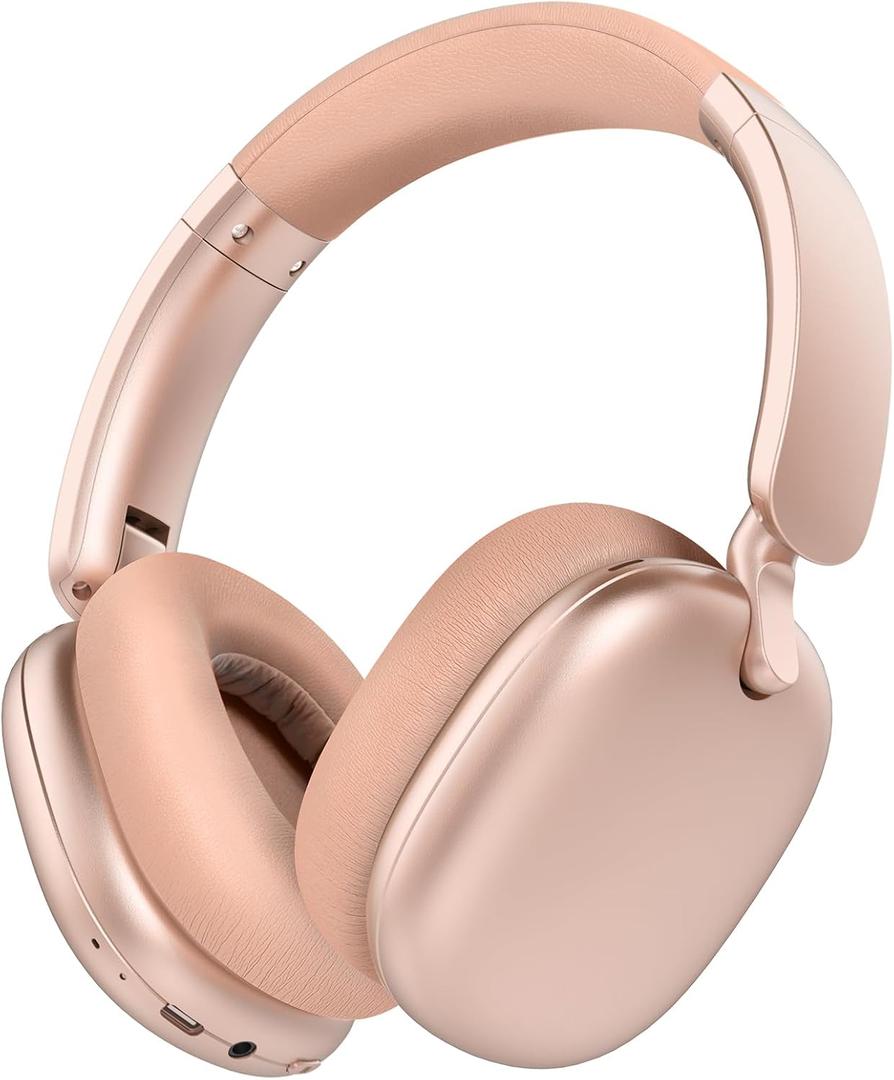 C6 Active Noise Cancelling Headphones, Wireless Over Ear Bluetooth Headphones, 60H Playtime, Lightweight Folding Deep Bass Comfort Fit Ear Cups Headset with Mic for iPad/PC/Home Rose Gold