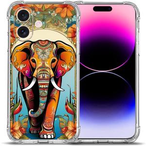 Case for iPhone 16,Orange Elephant Flowers Drop Protection Shockproof Case TPU Full Body Protective Scratch-Resistant Cover for Apple iPhone 16