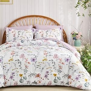 DJY White Comforter Set Queen Size, 7 Piece Floral Comforter Set with Sheets Elegant Flower Print Bed in a Bag Soft Microfiber Complete Bedding Set for All Season | Breathable material