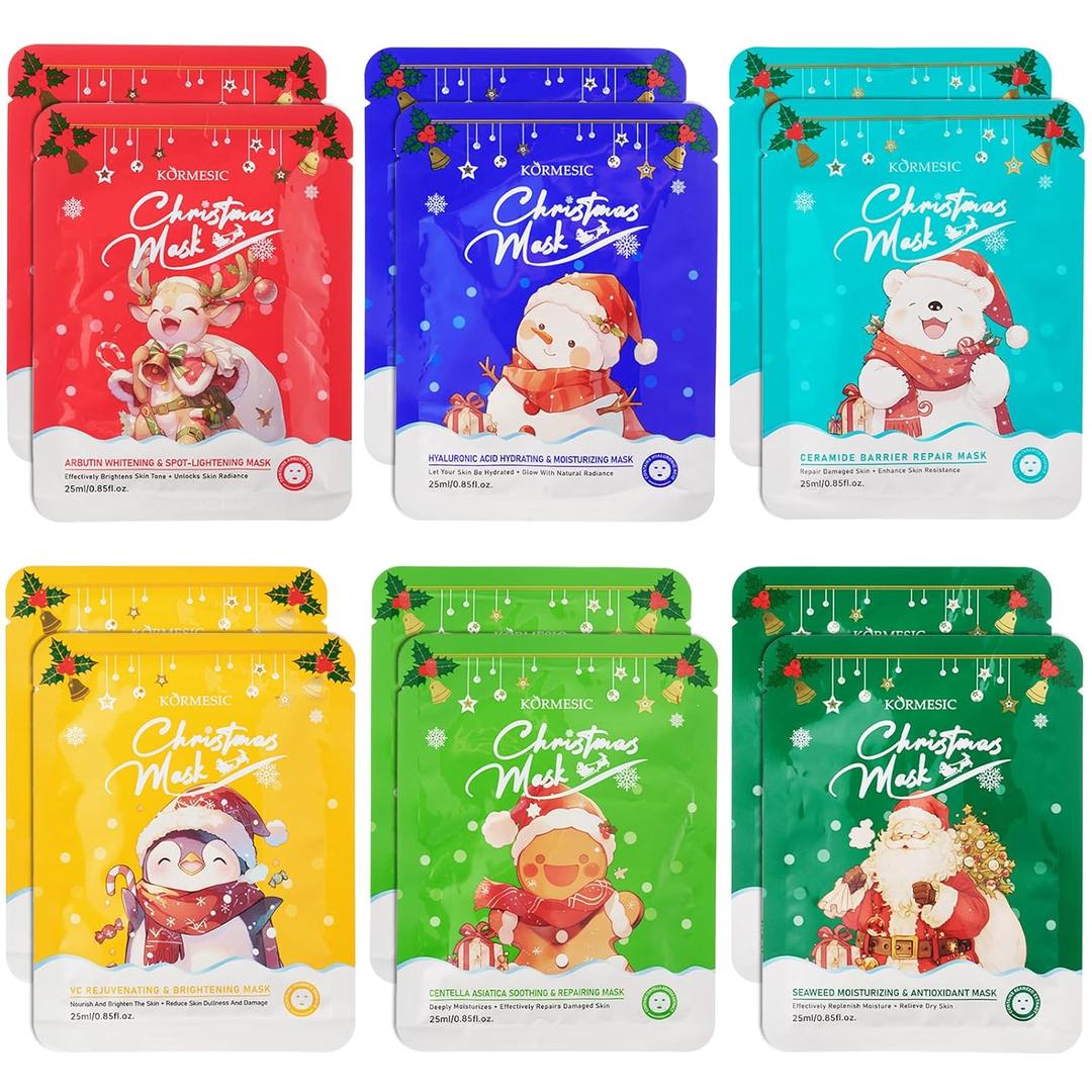 12PCS Christmas Facial Masks for Stocking Stuffers, Face Mask Set for Women Skincare, Hydrating Sheet Face Masks Skincare, Christmas Gifts for Women