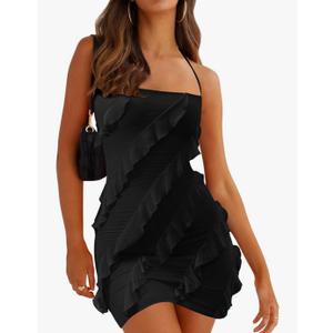 Oten Women's Sexy Halter Backless Spaghetti Strap Sheath Bodycon Ruffle Cocktail Club Party Mini Dresses S