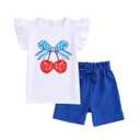 Axumity Toddler Girl 2-Piece Summer Outfit Cherry Ruffle Sleeve T-Shirt & Bow Elastic Waist Shorts Set for Kids Casual Wear Size 6-7