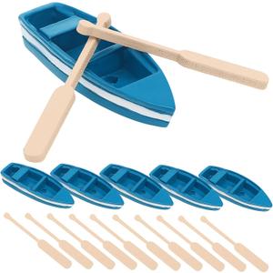 Sewroro 6 Pcs Miniature Rowboat, Wooden Boat Mini Rowboat Blue Wood Boat with Oars Canoe Model Figurines for Fairy Garden Home Decor (6.20X2.00X1.00CM, Assorted Color)