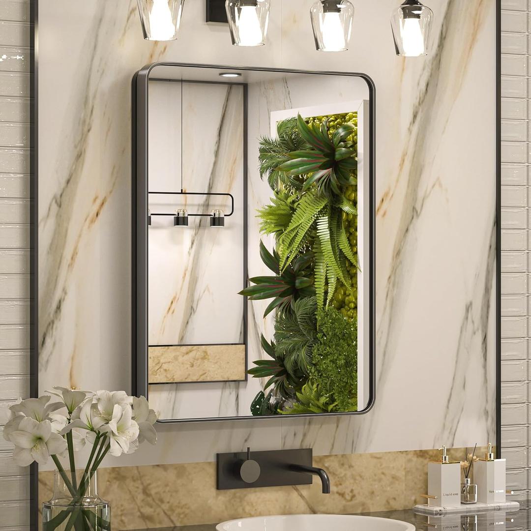 Keonjinn 24 x 32 Inch Black Recessed Medicine Cabinets, Bathroom Mirrored Medicine Cabinet, Black Stainless Steel Framed, Adjustable Shelves, in Wall or Surface Mount, Sturdy & Heavy, Farmhouse