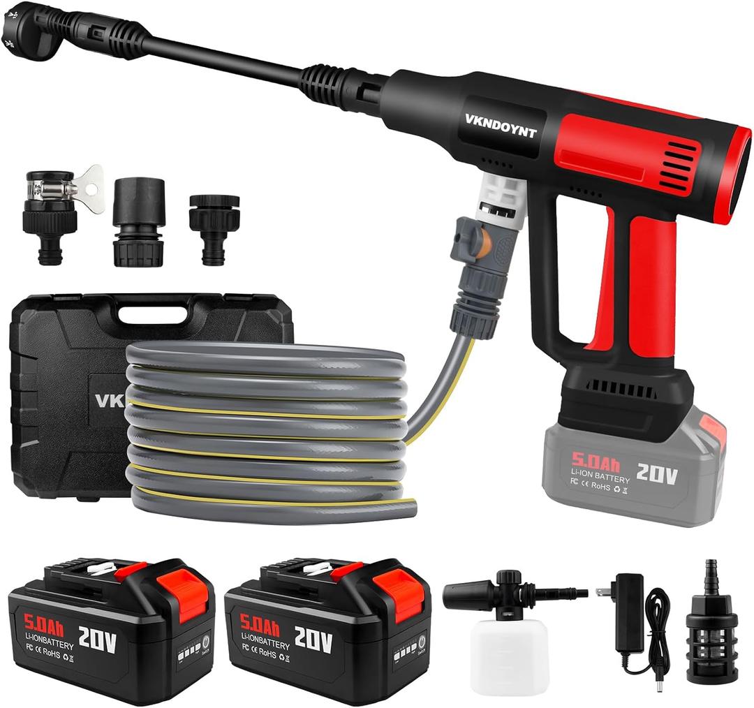 Vkndoynt Cordless Pressure Washer with Faucet & Garden Hose Connector, 2 X 5.0AH Batteries, 2000PSI MAX Portable Pressure Washer with Brushless Motor, 4 Speed Adjustment LCD Touch Screen, 6-in-1 Nozzle (Red/Black) ( Battery not included)