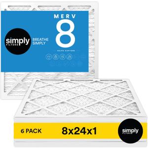 Simply 8x24x1 Air Filter, Merv 8, MPR 600, 6 Pack, For Home AC Furnace & HVAC (Actual Size: 7.75"x23.75"x0.75") DUST, Pet, & Allergy Control