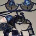 RSLOVE Women's Sexy Lingerie Set with Garter Belt Underwire Floral Embroidered 3 Piece Bra and Panty Sets Lace Babydoll (Blue), XL