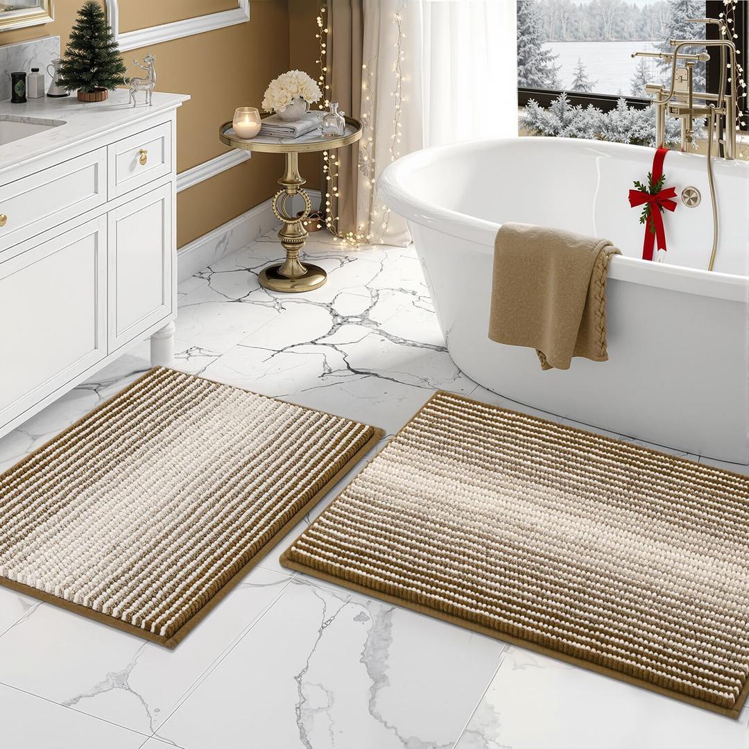 BSICPRO Bathroom Rugs and Mats Sets, 2 Piece Thick Absorbent Chenille Non Slip, Soft Shaggy Bath Room Floor Mats for Bathroom, Machine Washable (Petrified Oak, 20" x 32" Plus 16" x 24")