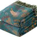 Green Spring Boho Throw Blanket for Bed,100% Cotton Reversible Rustic Quilt 60"x80",Soft Cozy Farmhouse Muslin Decorative Fall Throw Blankets for All Season, for Sofa, Couch Chair, Travel (A-teal Bird)