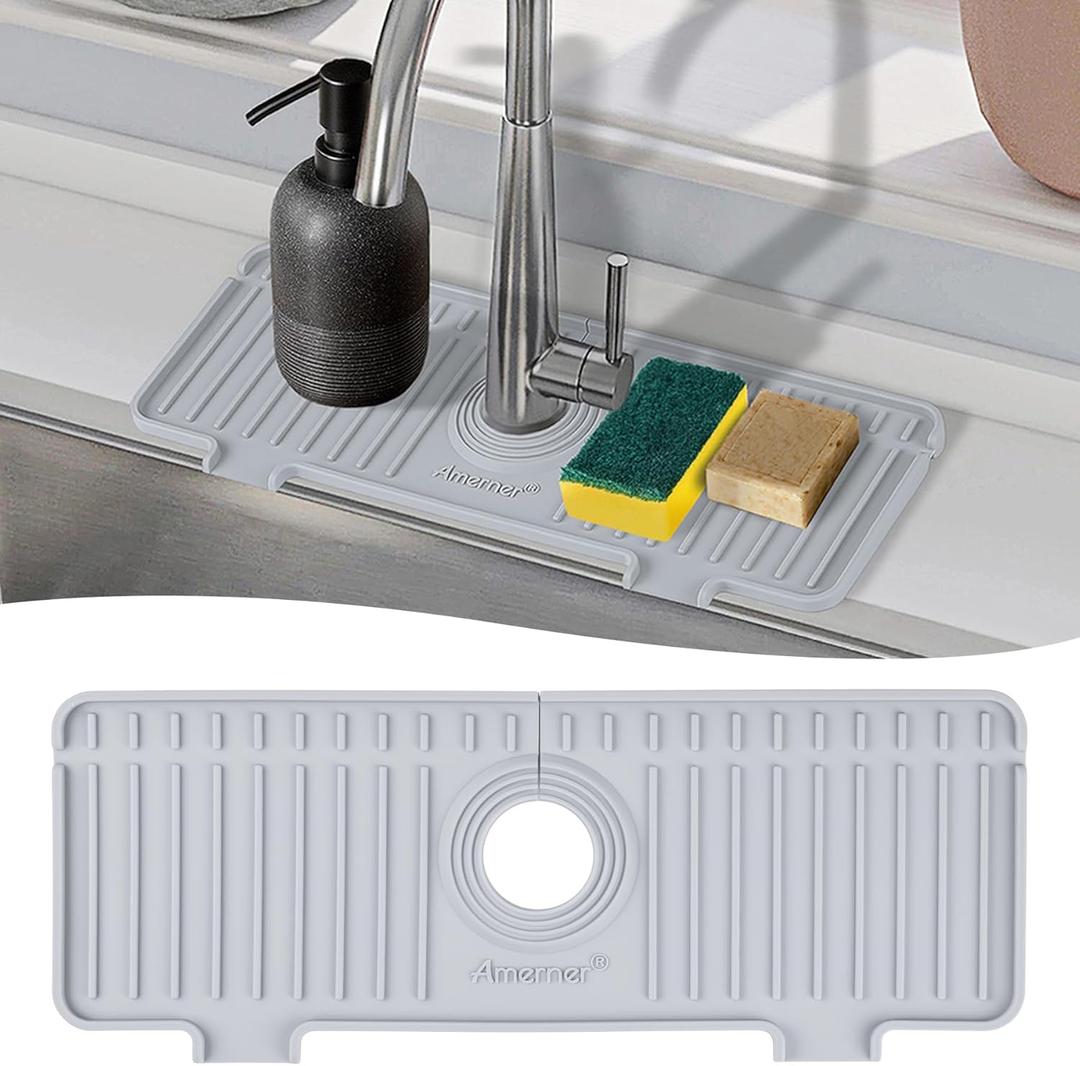Kitchen Sink Splash Guard, Silicone Faucet Guard & Draining Mat, 10 Large Slope Sink Faucet Mat Splash Guard, Bathroom Sink Organizer, Kitchen Sink Accessories Gadgets, 14.2 x 5.1, Gray