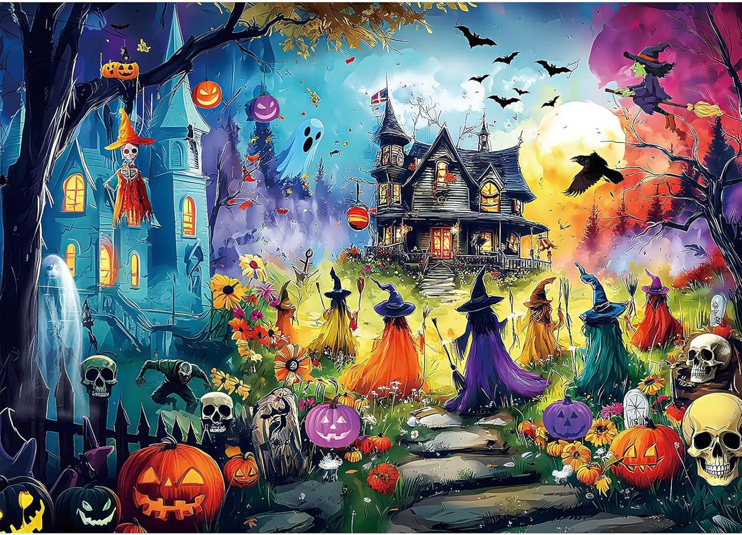 Halloween 1000 Piece Puzzle for Adults, Puzzles for Adults 1000 Pieces, Magical Night Witches Pumpkins Ghost Jigsaw Puzzle, Fun Gift for Adults & Teens, Family Party Game, 28 x 20 in