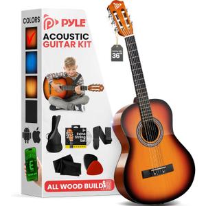 Pyle Beginner Acoustic Guitar Kit, 3/4 Junior Size All Wood Instrument for Kids, Adults, 36" Sun Burst (Glossy Sun Burst)