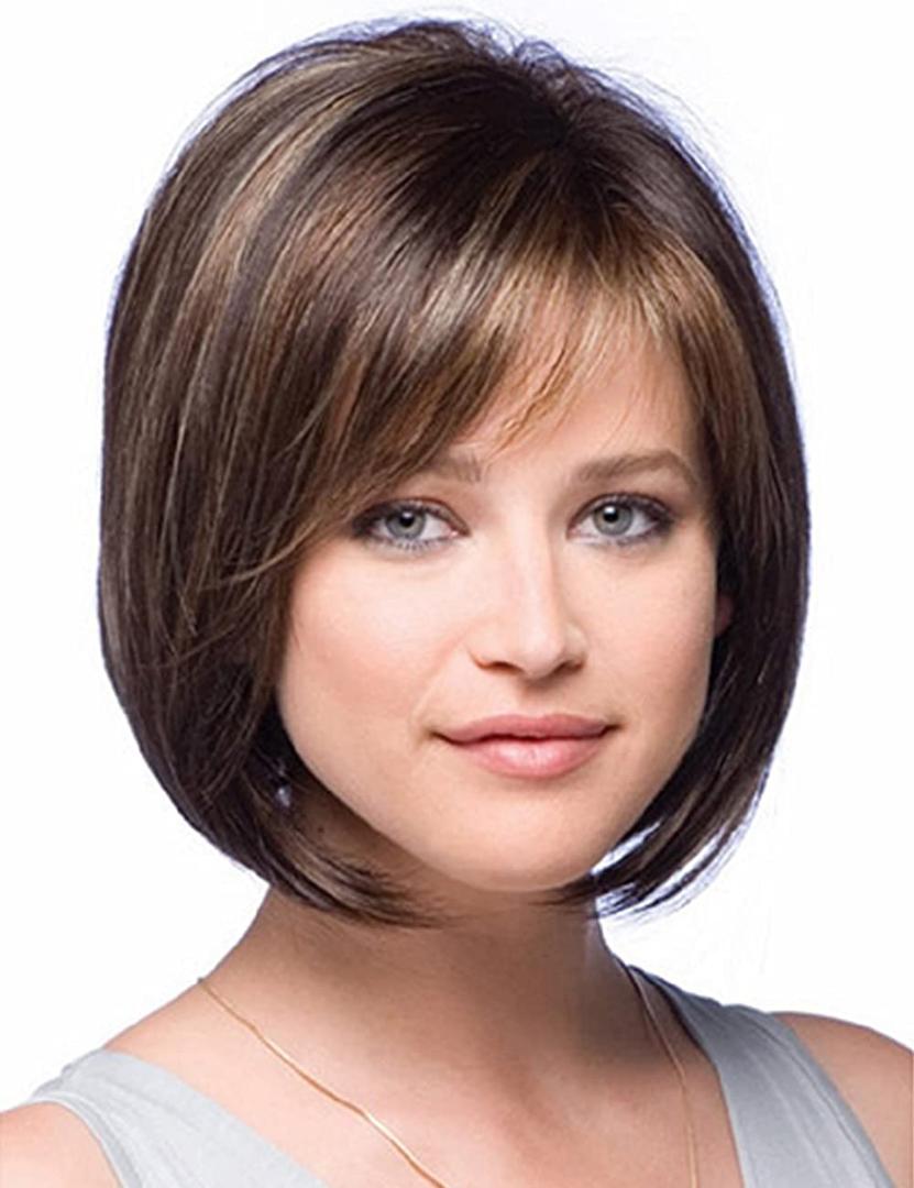 TISHINING Brown Highlight Short Bob Wig with Bangs for White Women Chin Length Layered Brown Mix Blonde Pixie Bob Wig Synthetic Natural Straight Hair Wigs for Daily Party Use