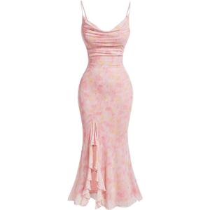 GORGLITTER Women's Floral Wedding Guest Dresses Mesh Ruched Ruffle Split Cowl Neck Fishtail Bodycon Maxi Dress (Medium, Pink)