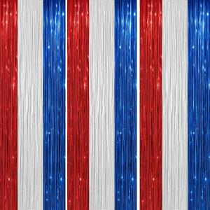 DECOCKRAT 3 Pack Foil Fringe Backdrop - Red&White&Blue Shiny Tinsel Curtains for Party Decoration/Photo Booth Props - 3.3x8.2 FT Metallic Foil Backdrop for Birthday, Wedding, Graduation, Christmas.