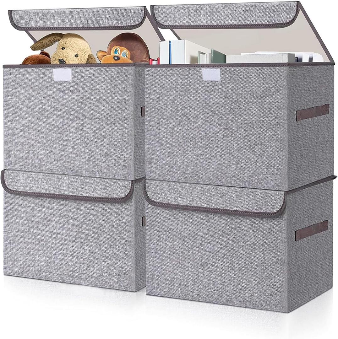 Bagnizer Large 22 Quart Linen Fabric Foldable Storage Bin Cube Organizer Basket with Flip-Top Lid & Handles, Clothes Blanket Box for Home, Office, Closet, Gray, 4 Pack 14.6 x 9.5 x 9.5