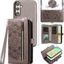 Asuwish Phone Case for Samsung Galaxy S24 FE 5G Zipper Wallet Magnetic Detachable Cell Cover with Tempered Glass Screen Protector Crossbody Strap Flower Credit Card Holder S 24 EF S24FE 24S Women Gray